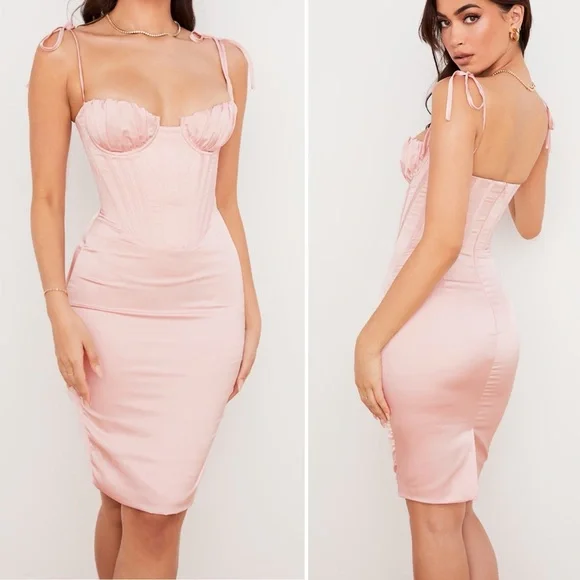 NWT House Of CB Alma Blush Pink Satin Corset Bustier Cups Midi Dress size medium - Picture 2 of 7